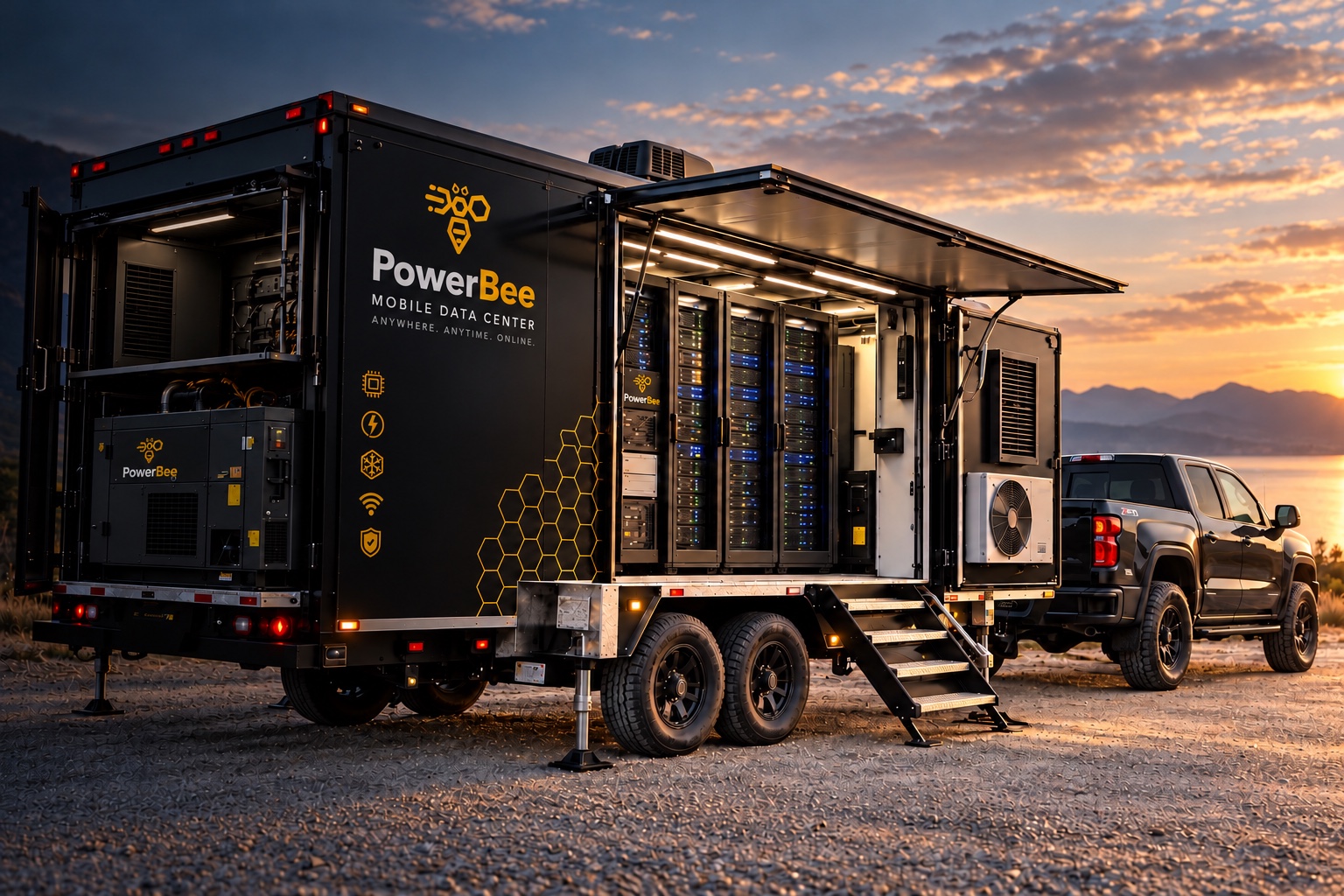Мобильный дата-центр PowerBee с открытыми отсеками на фоне заката